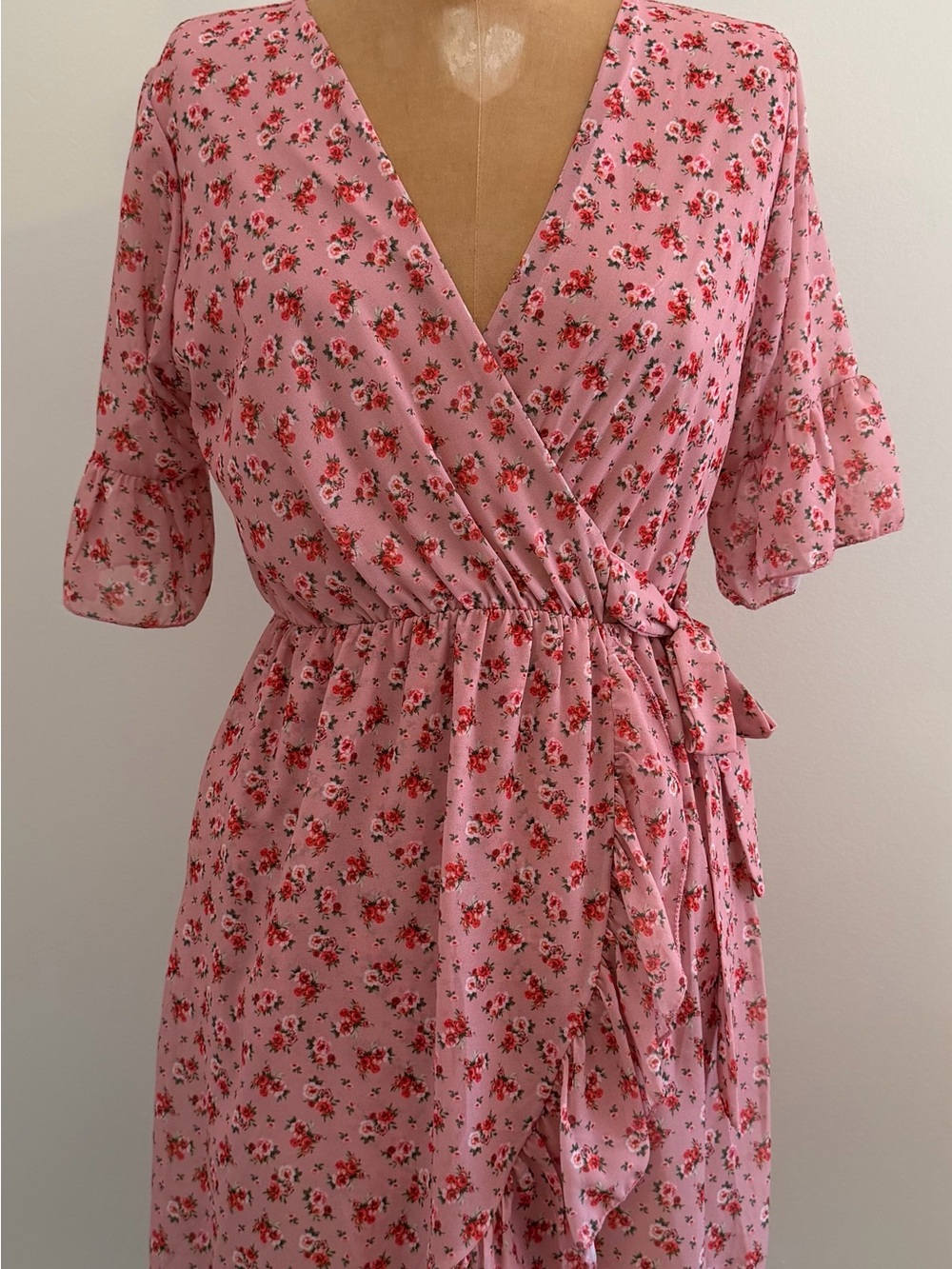 Pink Floral Wrap Mini Dress